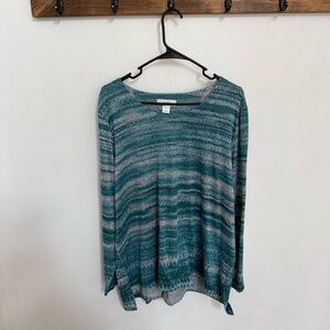 CJ Banks Teal and Gray Striped Knit Top